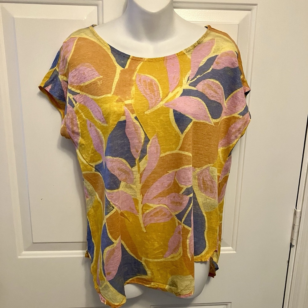 C&C California Sz M Women's Multicolor Linen Tropical Floral Scoop Neck Blouse
